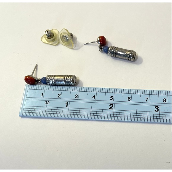 Vintage Beaded Silver Tone Stud Earrings Dangle Engraved Barrel Artsy Unique - Picture 5 of 7